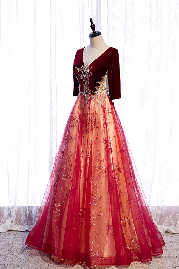 Wholesale Burgundy V-Neck Velvet Tulle Long Prom Dress A-Line 1/2 Sleeve Evening Dress